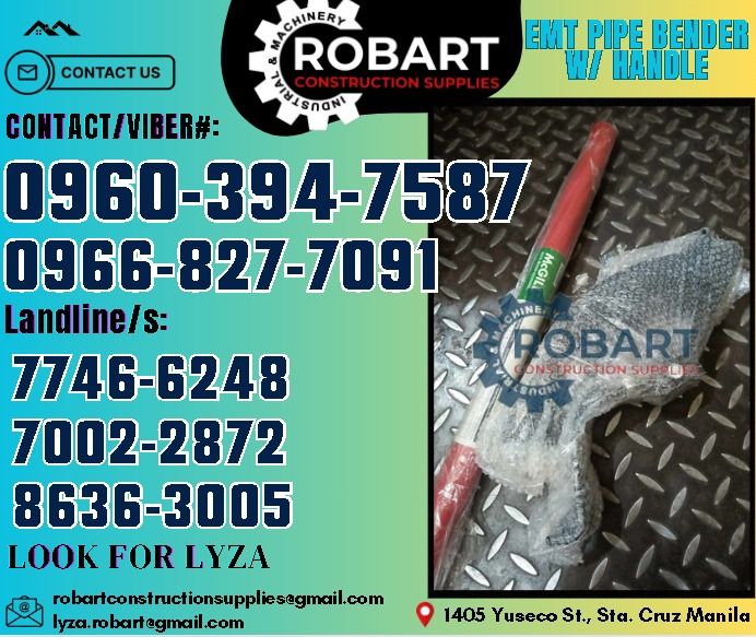 EMT Pipe Bender w/ Handle (Category: Construction Tools & Equipment) located in Manila. Submitted by lyzarobart1999 (Listing ID 1321209299, Image 1). Description: EMT Pipe Bender w/ Handle Brand: Mcgill Size: 1" 𝑹𝑶𝑩𝑨𝑹𝑻 𝑪𝑶𝑵𝑺𝑻𝑹𝑼𝑪𝑻𝑰𝑶𝑵 𝑺𝑼𝑷𝑷𝑳𝑰𝑬𝑺 𝒪𝒻𝒻𝒾𝒸𝑒 𝒜𝒹𝒹𝓇𝑒𝓈𝓈: 𝟣𝟦𝟢𝟧 𝒴𝓊𝓈𝑒𝒸𝑜 𝒮𝓉. 𝒮𝓉𝒶 𝒞𝓇𝓊𝓏 𝑀𝒶𝓃𝒾𝓁𝒶 ꜱᴇɴᴅ ᴜꜱ ᴍᴇꜱꜱᴀɢᴇ ꜰᴏʀ ɪɴQᴜɪʀɪᴇꜱ ‼️ ‼️ ɢʟᴏʙᴇ: (0966-827-7091) ꜱᴍʀᴛ - (0960-394-7587) ᴠɪʙʀ - (0960-39