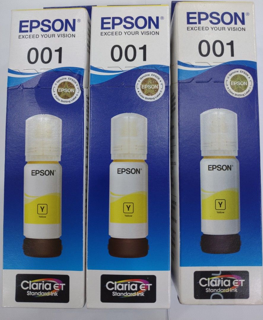 Epson 001 Yellow (Category: Other Accessories) located in Rizal. Submitted by Technobyte (Listing ID 1321185691, Image 1). Description: Bottle Ink Yellow (70ml), Compatible with EPSON Printers (L4150, L4160, L6160, L6170, L6190), Genuine Ink, Use of other products may affect your.