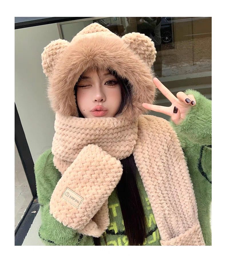 Fuzzy winter hat beanie with scarf Women s Fashion Watches Accessories Hats Beanies on Carousell