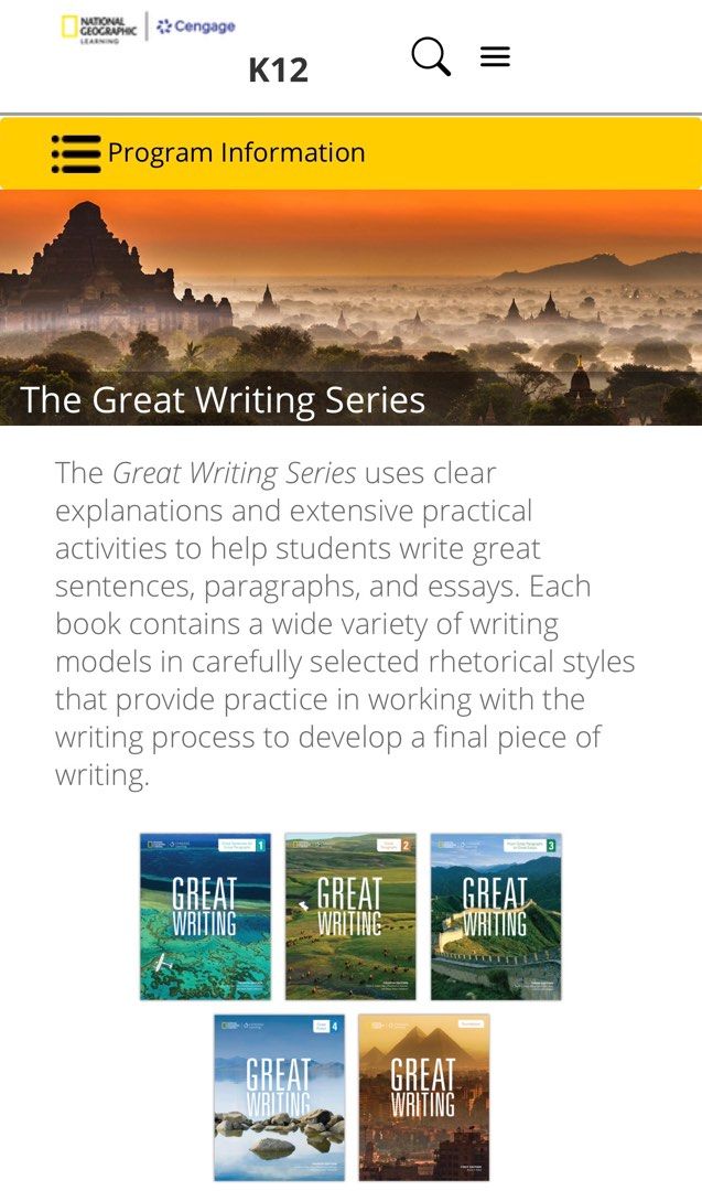 Great Writing (Category: Assessment Books) located in Singapore. Submitted by jasminellee (Listing ID 1321240887, Image 2). Description: The Great Writing Series uses clear explanations and extensive practical activities to help students write great sentences, paragraphs, and essays. Each book contains a wide variety of writing models in carefully selected rhetorical styles that provide practice in working with the writing process to develop a fi