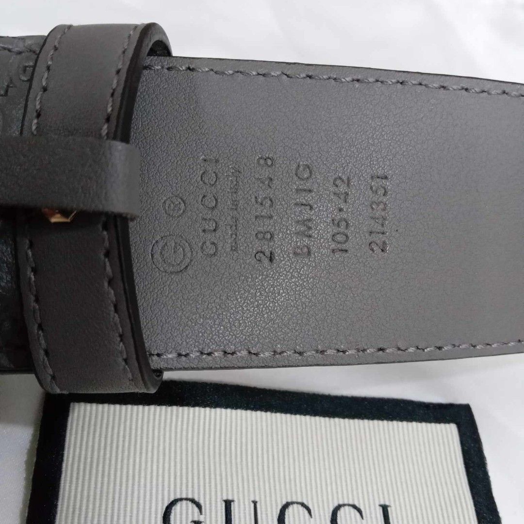 Gucci Gray Belt (Category: Luxury Accessories) located in Taguig. Submitted by esa.agustin (Listing ID 1321205424, Image 2). Description: Original Gucci gray leather belt. With dust bag and paper bag. Size 105/42. Made in Italy..