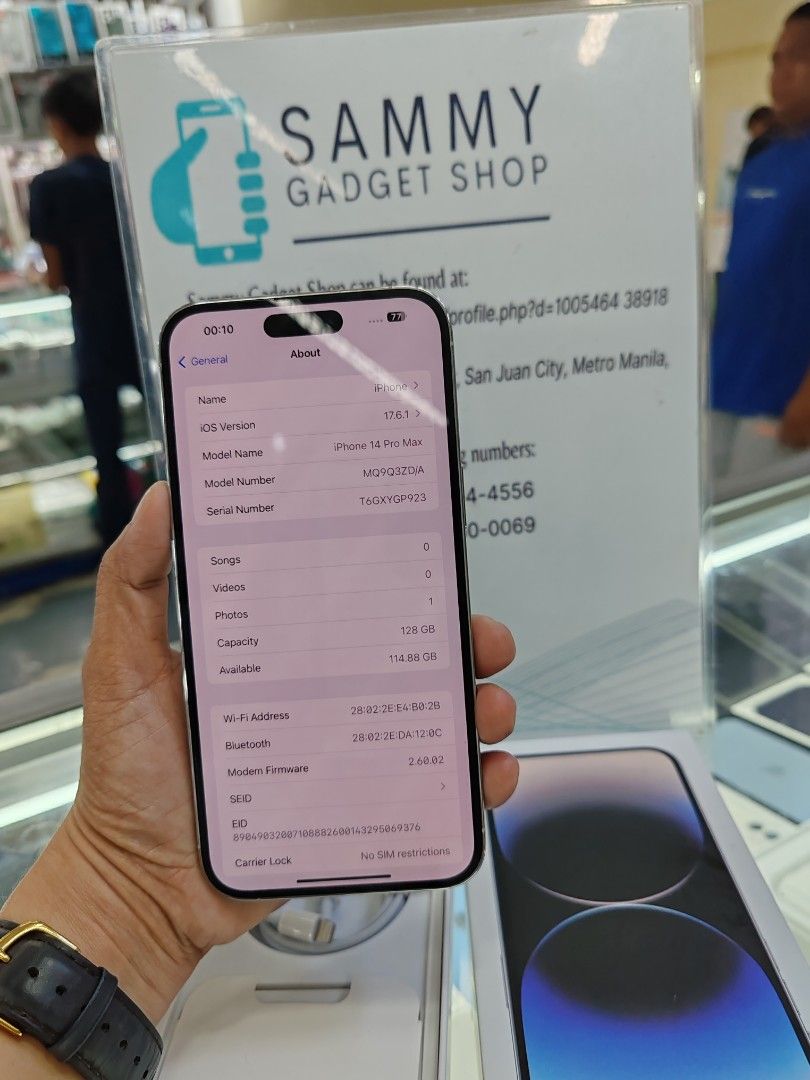 Iphone 14promax 128 (Category: iPhone 14 Series) located in Quezon City. Submitted by ronalynac40976 (Listing ID 1321205712, Image 3). Description: Iphone 14promax 128 95% batteri health factory unlock good condition With box, case, glass 📍pick up store in greenhills shopping center 📍We accept swap/trade in 📍We accept credit card installment 📍We ship nationwide via (lbc) 📍dm or call for fast transaction 📞09279500069/09425544556 📍Located @ 
