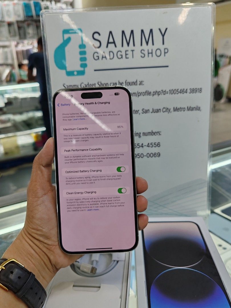 Iphone 14promax 128 (Category: iPhone 14 Series) located in Quezon City. Submitted by ronalynac40976 (Listing ID 1321205712, Image 2). Description: Iphone 14promax 128 95% batteri health factory unlock good condition With box, case, glass 📍pick up store in greenhills shopping center 📍We accept swap/trade in 📍We accept credit card installment 📍We ship nationwide via (lbc) 📍dm or call for fast transaction 📞09279500069/09425544556 📍Located @ 