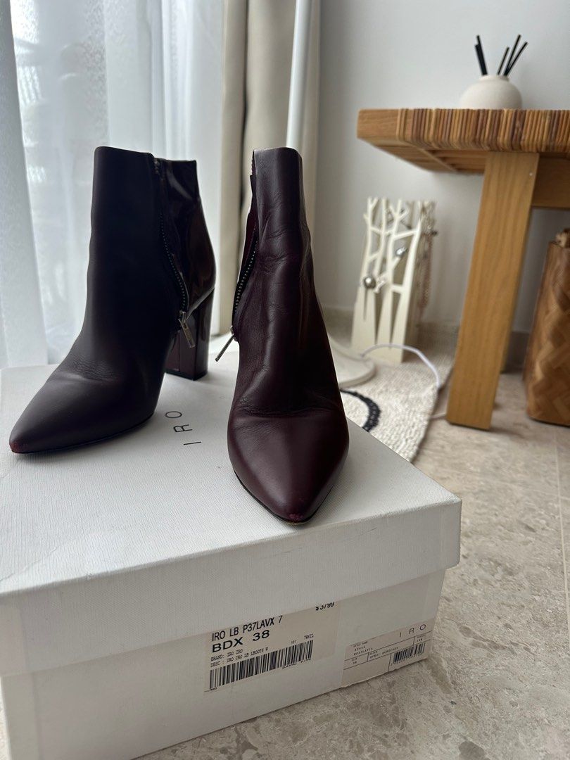 IRO burgundy brown leather enamel ankle boots Women s Fashion Footwear Boots on Carousell