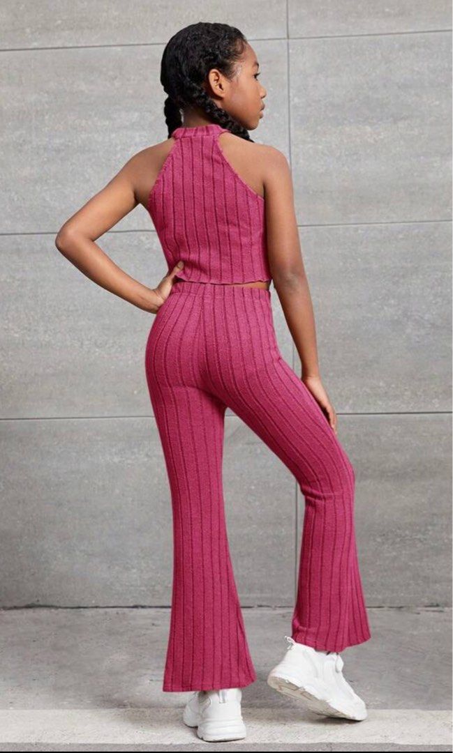 Lettuce Trim Halter Top & Flare Leg Pants (Category: Babies & Kids Fashion) located in Dasmarinas. Submitted by prelovedbyZ (Listing ID 1320835729, Image 3). Description: Brand: Shein Size: 10Y (134-140cm) Color: Hot Pink Condition: Like new, used once. Pants Lenght: 82cm Waist: 55-82cm Hip size: 73cm Thigh: 43.6cm Top Lenght: 42cm Bust: 71cm Note: This data was obtained from manually measuring the item, it may be off by 1-2cm..