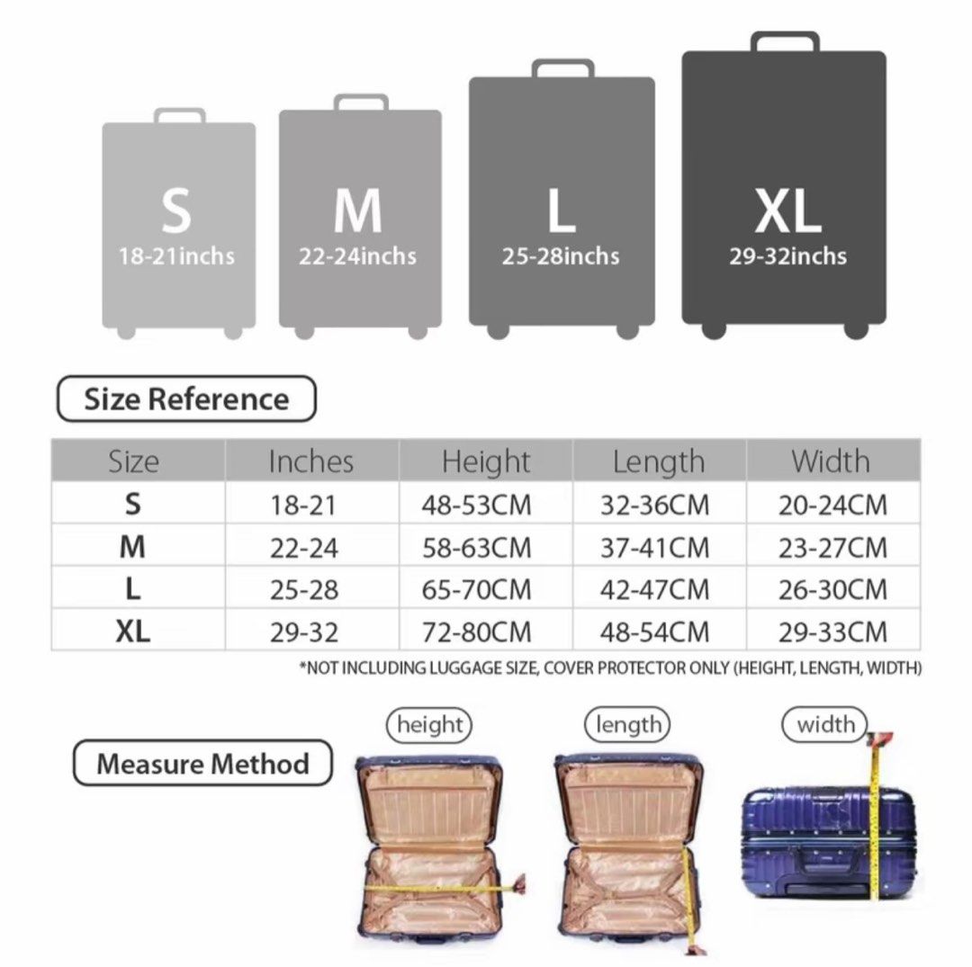 Luggage Cover - Medium, Large (Category: Luggage) located in Cebu City. Submitted by laflaneuse (Listing ID 1321299193, Image 2). Description: Brand new luggage cover, removed from the packaging to try on, but it doesn’t fit my soft case luggage—looks like it’s better suited for hard case types. Protects your luggage from scratches and dust, and makes it easier to spot your bags in a crowd. Made of durable 250 grams material, 15% spandex, and 85%