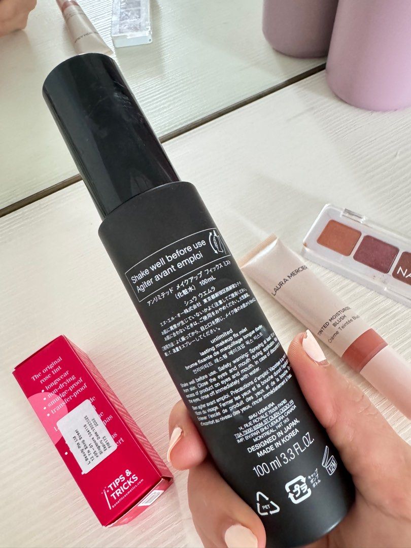 Make up items (Category: Makeup) located in Singapore. Submitted by ssthor (Listing ID 1321192513, Image 3). Description: 1. Benetint 6ml (Brand New) $10 2. Shu Uemura unlimited make up fix mist (only use for a few time) $12 3. Laura Mercier tinted moisturiser blush (almost brand new) $20 4. Natasha Dedona eye shadow (almost brand new) $15 .