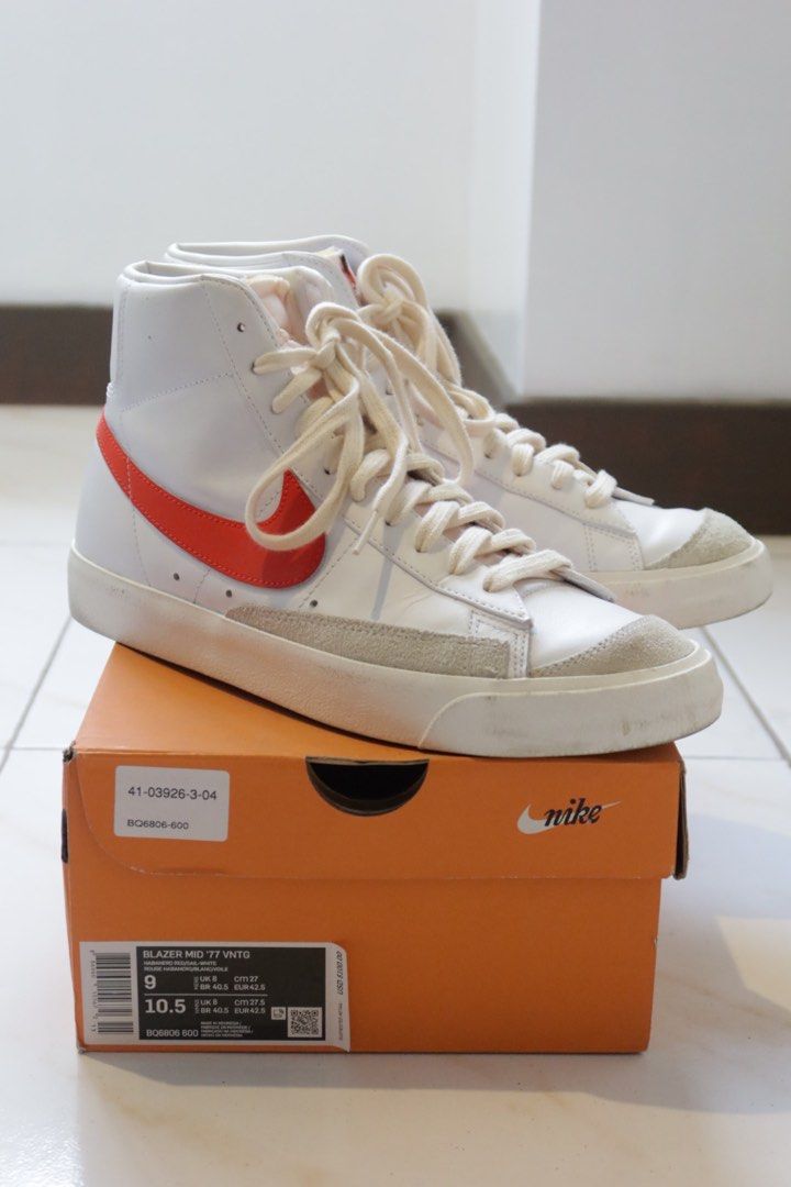 Nike Blazer Mid ‘77 VNTG (Category: Sneakers) located in Quezon City. Submitted by xixiriri (Listing ID 1321226987, Image 1). Description: Nike Blazer Mid ‘77 VNTG (Red) with cream laces; included original box & original laces US Size 9 (Mens); US Size 10.5 (Womens) + Shipping (J&T Express) RFS: Decluttering .