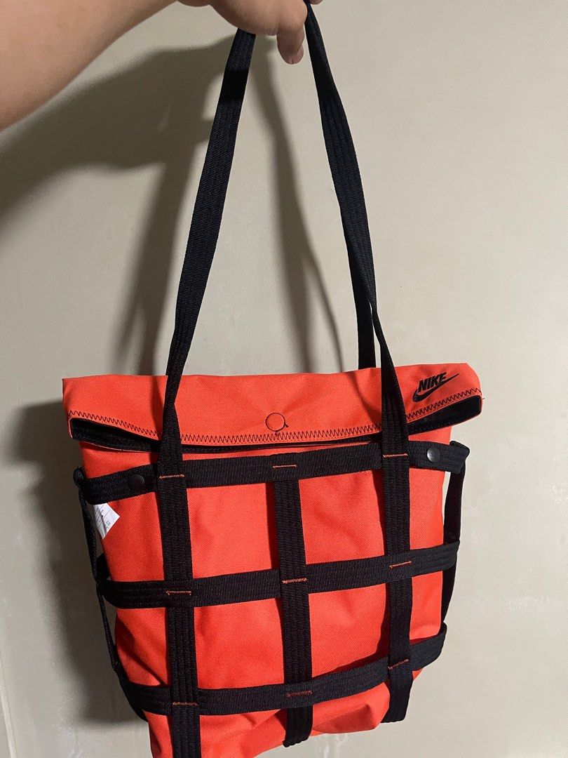 nike tote bag in black with orange taping strap
