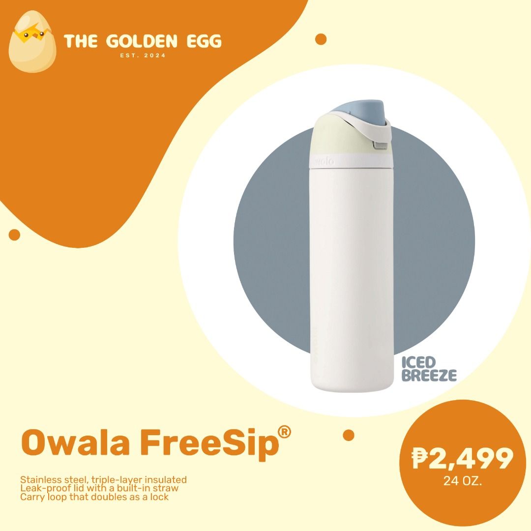 Owala FreeSip Bottles (Category: Water Bottles & Tumblers) located in Quezon City. Submitted by thegoldeneggph (Listing ID 1321279504, Image 3). Description: Stainless steel, triple-layer insulated water bottles with a leak-proof lid and a built-in straw. • 24 oz for ₱2,499 • 32 oz for ₱2,799 • 40 oz for ₱3,199 🐣 INTRODUCTORY PROMO: P500 off for orders of more than 2 bottles! ETA Aug 27 (1-2 weeks for pre-orders) DP of 40% for reservations Shipp