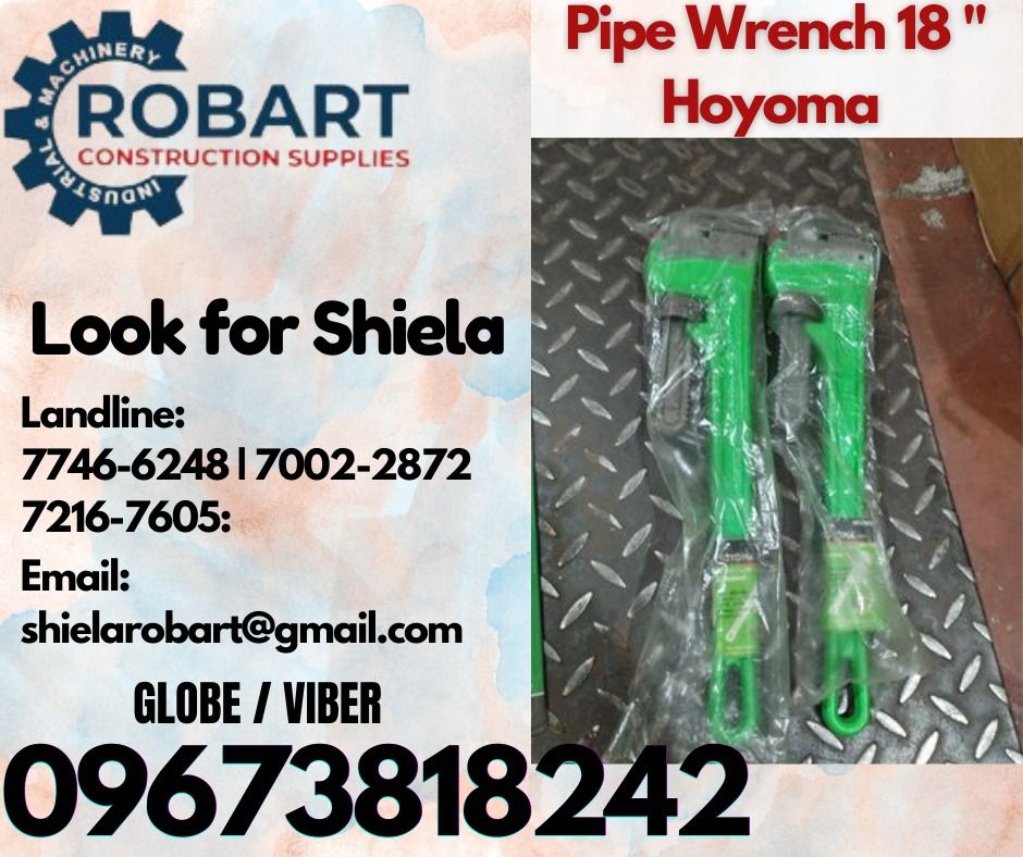 Pipe Wrench 18 " Hoyoma (Category: Construction Tools & Equipment) located in Caloocan City. Submitted by shielaroba44709 (Listing ID 1321203380, Image 1). Description: Pipe Wrench 18 " Hoyoma 𝑹𝑶𝑩𝑨𝑹𝑻 𝑪𝑶𝑵𝑺𝑻𝑹𝑼𝑪𝑻𝑰𝑶𝑵 𝑺𝑼𝑷𝑷𝑳𝑰𝑬𝑺 Office Address: 1405 Yuseco St. Sta Cruz Manila SEND US MESSAGE FOR INQUIRIES ‼️ ‼️ Call: 09673818242 / 09662708845 Vibr - (09673818242) Landline: (𝟩𝟩𝟦𝟨-𝟨𝟤𝟦𝟪) / (𝟩𝟢𝟢𝟤-𝟤𝟪𝟩𝟤) / (𝟩𝟤𝟣𝟨-�