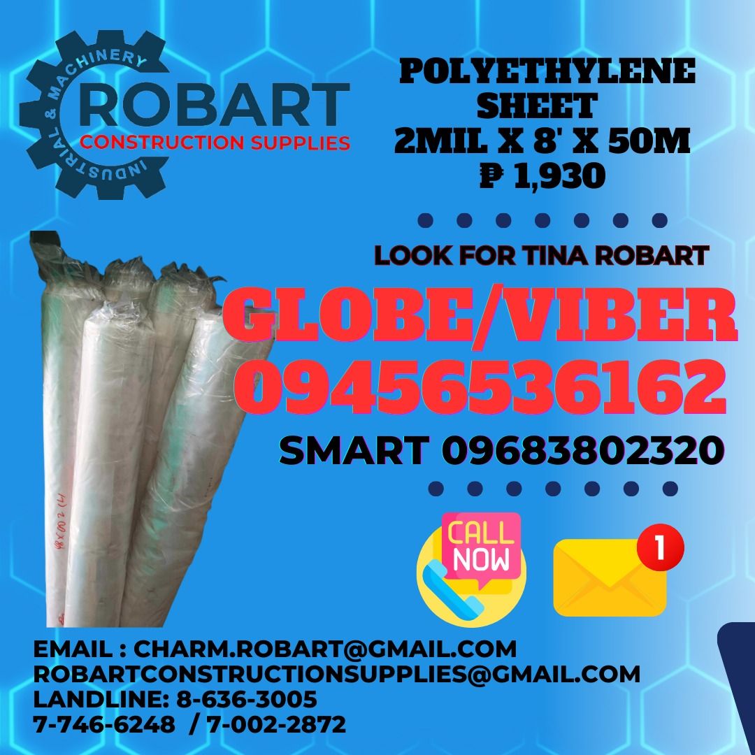 Polyethylene Sheet 2mil x 8' x 50m (Category: Construction & Building Materials) located in Manila. Submitted by tina.sales (Listing ID 1321219311, Image 1). Description: Polyethylene Sheet 2mil x 8' x 50m 𝑹𝑶𝑩𝑨𝑹𝑻 𝑪𝑶𝑵𝑺𝑻𝑹𝑼𝑪𝑻𝑰𝑶𝑵 𝑺𝑼𝑷𝑷𝑳𝑰𝑬𝑺 𝑶𝒇𝒇𝒊𝒄𝒆 𝑨𝒅𝒅𝒓𝒆𝒔𝒔: 𝟏𝟒𝟎𝟓 𝒀𝒖𝒔𝒆𝒄𝒐 𝑺𝒕. 𝑺𝒕𝒂 𝑪𝒓𝒖𝒛 𝑴𝒂𝒏𝒊𝒍𝒂 𝑺𝑬𝑵𝑫 𝑼𝑺 𝑴𝑬𝑺𝑺𝑨𝑮𝑬 𝑭𝑶𝑹 𝑰𝑵𝑸𝑼𝑰𝑹𝑰𝑬𝑺 ‼️ ‼️ 𝑮𝒍𝒃𝒆 - (𝟢𝟫𝟒𝟓-𝟔𝟓𝟑-𝟔𝟏𝟔𝟐) 𝑻.�