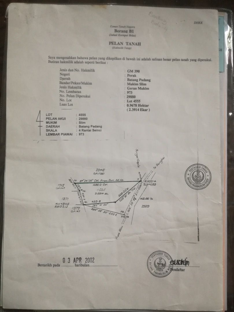 Tanah pertanian 2.3 ekar di slim river untuk dijual, Property, For Sale