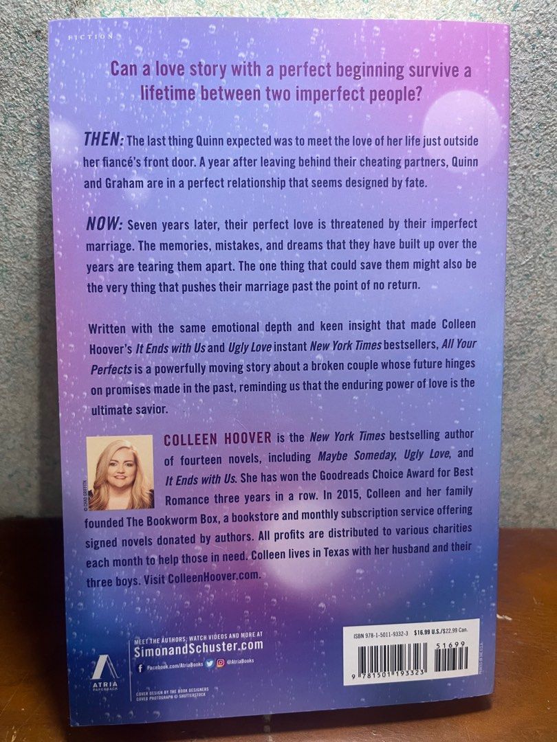 ALL YOUR PERFECTS by Colleen Hoover (Category: Storybooks) located in Manila. Submitted by marizjunio (Listing ID 1321349992, Image 2). Description: Selling this good as new book. Selling this one after reading it. Sampaloc, Manila based.