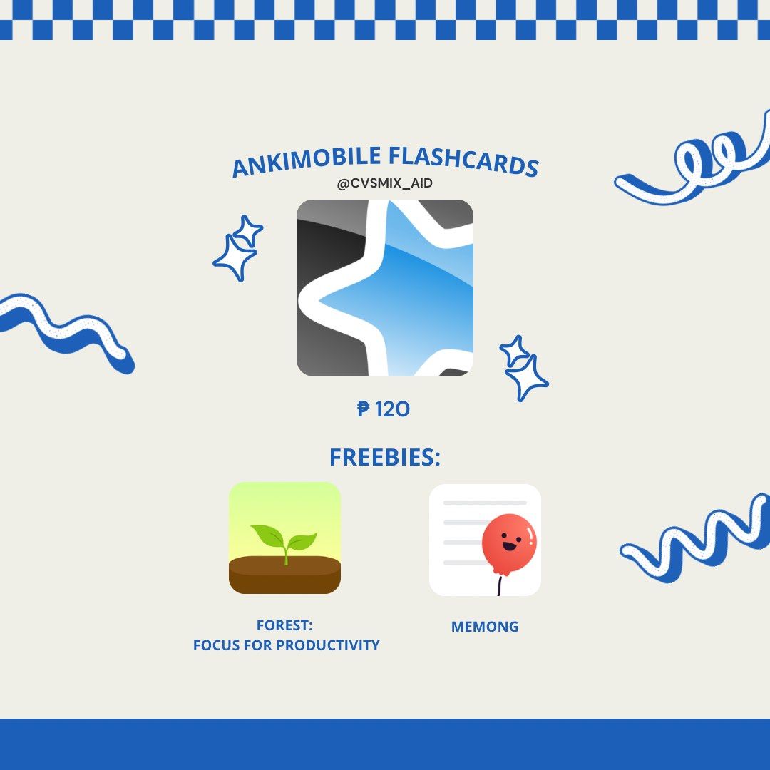 AnkiMobile Flashcards, Forest & Memong |iOS paid apps (Category: Office & Business Technology) located in Pasig City. Submitted by cvsmix (Listing ID 1321468619, Image 1). Description: Inclusions: • AnkiMobile Flashcards • Forest • Memong Payment Options: GCash Maya BPI .