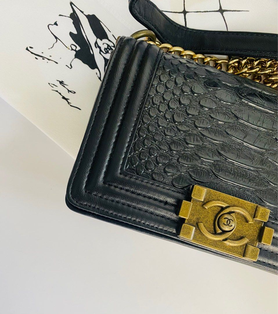 CHANEL boy python JAPAN source authentic leather FREE shipping (Category: Luxury Bags & Wallets) located in Cavite. Submitted by import_savers (Listing ID 1321417534, Image 2). Description: Made in France JAPAN source Authentic leather Gold hardware, plaque on the front, push lock closure With dust bag, care card, box Can be worn as shoulder bag, cross body bag or clutch bag 20.5cm L x 7cm W x 13cm H FREE shipping .