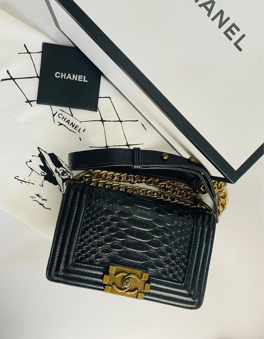 CHANEL boy python JAPAN source authentic leather FREE shipping (Category: Luxury Bags & Wallets) located in Cavite. Submitted by import_savers (Listing ID 1321417534, Image 1). Description: Made in France JAPAN source Authentic leather Gold hardware, plaque on the front, push lock closure With dust bag, care card, box Can be worn as shoulder bag, cross body bag or clutch bag 20.5cm L x 7cm W x 13cm H FREE shipping .