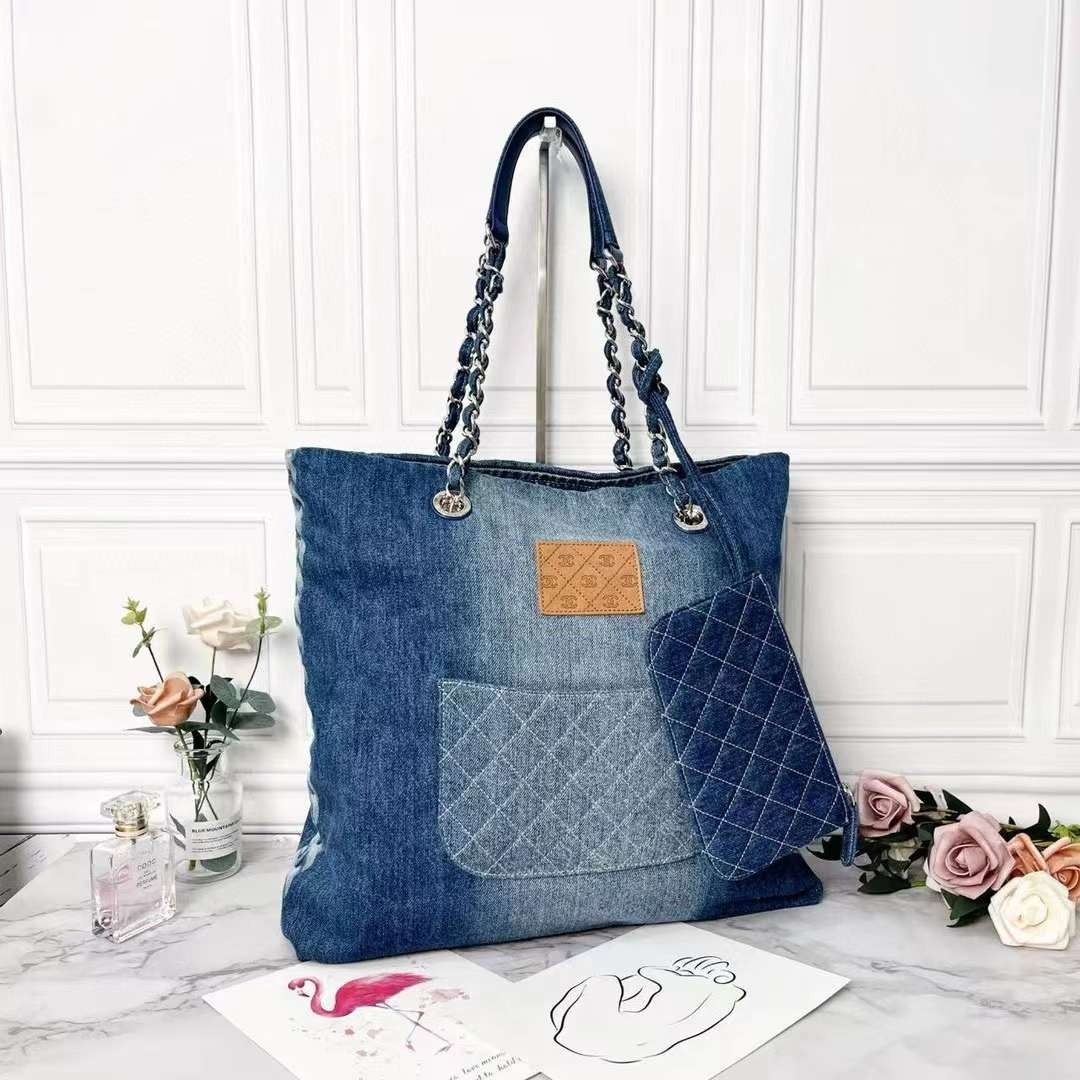 CHANEL Denim Printed Shopping Bag Blue