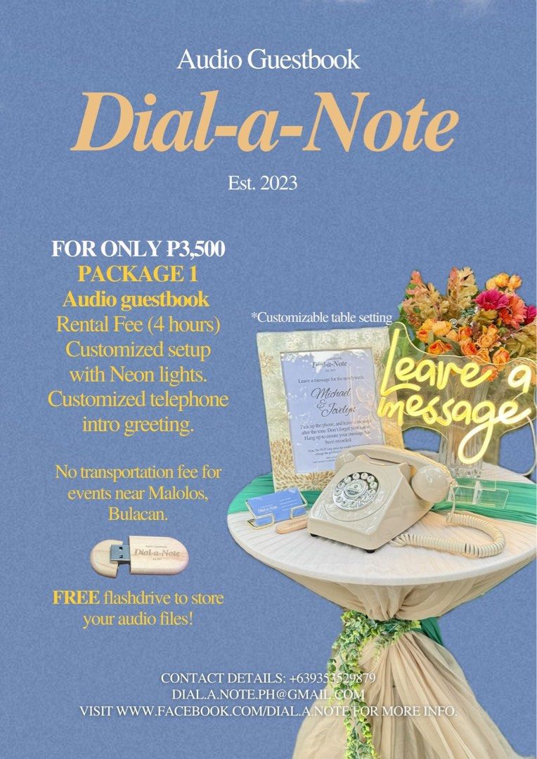 For RENT Audio Guestbook Dial-a-Note (Category: Voice Recorders) located in Calumpit. Submitted by dollhouserendering (Listing ID 1320078954, Image 1). Description: 4 hours of unlimited use Customizable table setup Transportation fees may or may not apply depending on the location Free transpo fee for events near Malolos, Bulacan.