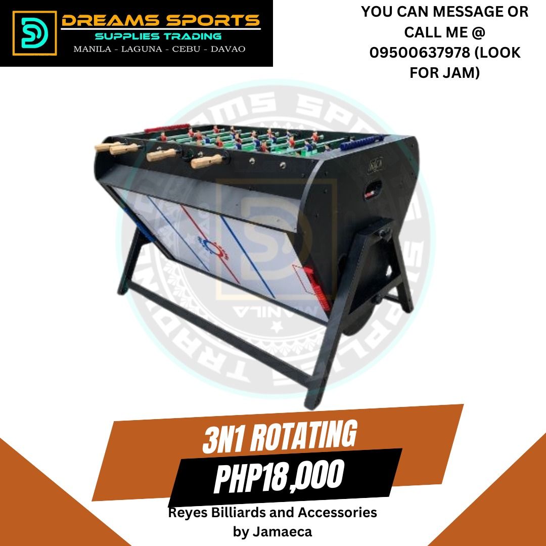 FOR SALE 3N1 ROTATING MULTI-GAMING TABLE (Category: Billiards and Bowling) located in San Pablo. Submitted by travelwithdenise01-15872 (Listing ID 1321377539, Image 1). Description: FOR SALE 3N1 ROTATING MULTI-GAMING TABLE PRICE: Php18,000 (BIGGEST PRICE DROP) ON HAND!! USES: 👉 billiard 👉 soccer 👉 hockey DETAILS *height: 4ft MAIN TABLE *L- 108 cm *W- 85 cm FOR WALK-IN BUYERS, YOU CAN VISIT US AT THE FOLLOWING BRANCHES NEAR YOU: 📍 584 Mariflor