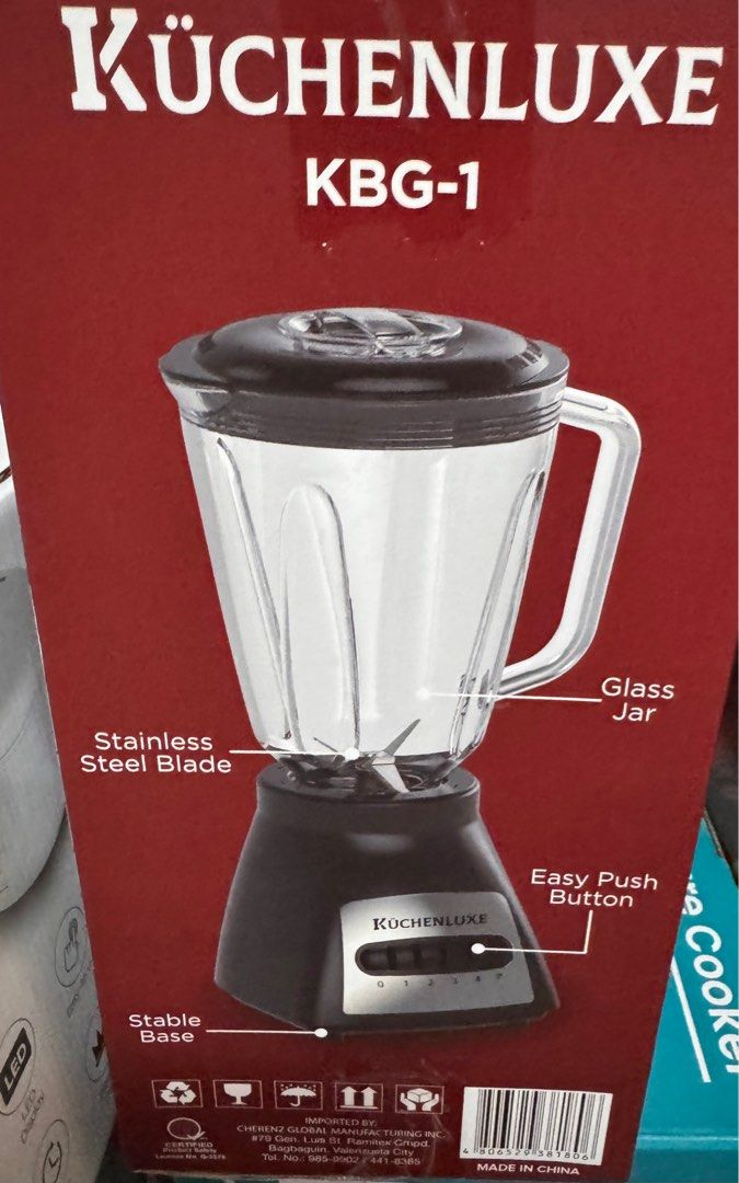 Kuchenluxe Glass Blender KBG-1 (Category: Other Kitchenware & Tableware) located in Paranaque City. Submitted by homebox.com (Listing ID 1321336496, Image 1). Description: PROMO UNTIL MAY 2026- BUY 1 and get 2nd item with a lower amount in the items for sale at 30%off. Kuchenluxe Glass Blender KBG-1 Specifications: 1.5 Liters capacity strong glass jar 2-speed plus pulse button With safety lock switch With high quality ABS housing body With safety