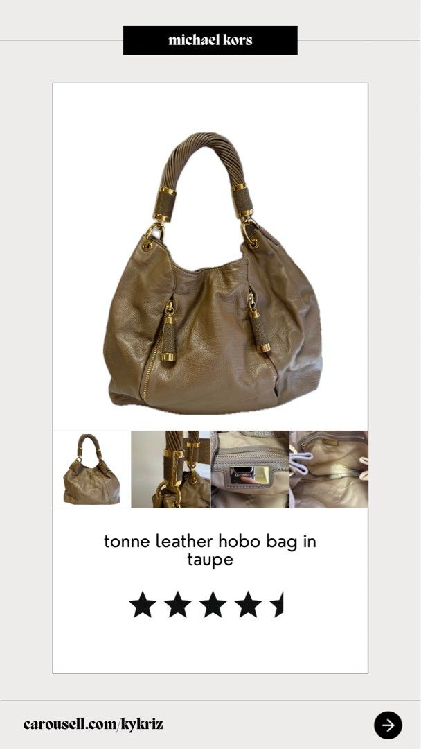 michael kors tonne leather hobo bag (Category: Luxury Bags & Wallets) located in Davao. Submitted by kykriz (Listing ID 1321232878, Image 1). Description: og michael kors tonne hobo bag in taupe, brand new just removed the tag, 10/10 interior, 9.5/10 hardware, comes with a dustbag, retails for $900, negotiable pm for inquiries + more pictures.
