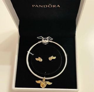 Pandora harry potter golden snitch clasp bangle bracelet with golden snitch charm and earring set