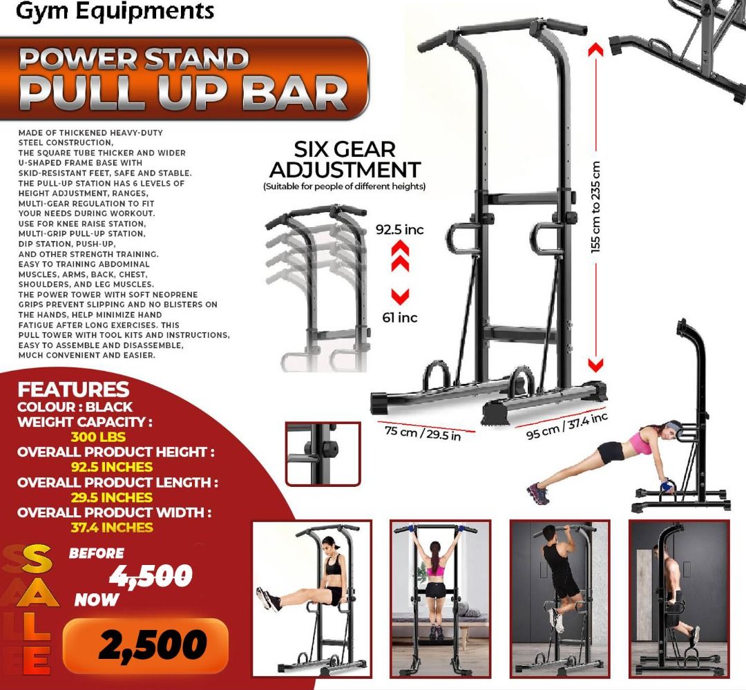 Power Stand Pull Up Bar (Category: Toning & Stretching Accessories) located in Quezon City. Submitted by tobiasmcbite (Listing ID 1276563574, Image 2). Description: Power Stand Pull Up Bar From ₱4,999 Now ₱2,000 Only! • STURDY CONSTRUCTION: Made of thickened heavy duty steel construction, the square tube thicker and wider, U shaped frame base with skid resistant feet, safe and stable. Weight Capacity: 300lbs ADJUSTABLE HEIGHT: The pull up station
