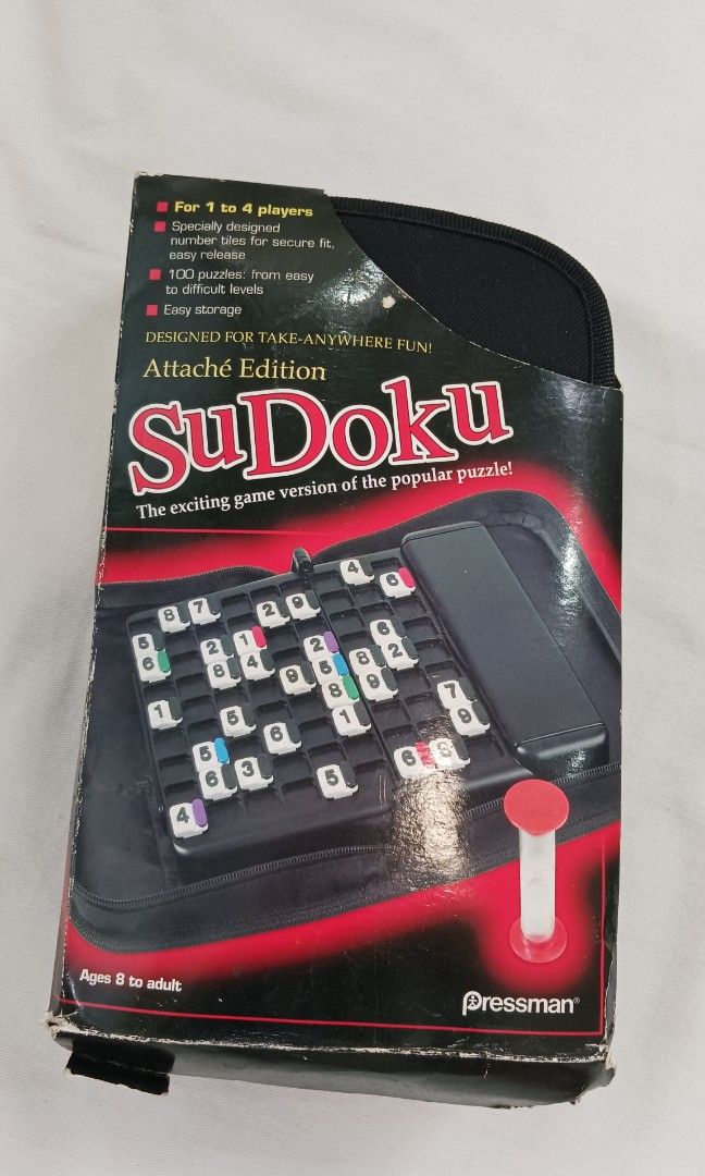 Pressman Sudoku Attache Edition (Category: Board Games & Puzzles) located in Quezon City. Submitted by amitchy (Listing ID 1321370863, Image 1). Description: Never used Sudoku multi-player puzzle game -for 1 to 4 players -easy storage -missing instruction and solutions booklet Copy a puzzle onto the game board. Now try to fill in the empty spaces with numbers from 1 to 9. Each number must appear only once rfs: decluttering mode of payment: gcash 