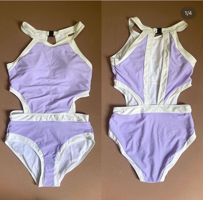Purple Halter Side Open One Piece Swimsuit (Category: Bikinis & Swimsuits) located in Paranaque City. Submitted by expectmore.payless (Listing ID 1321362383, Image 1). Description: Large size.