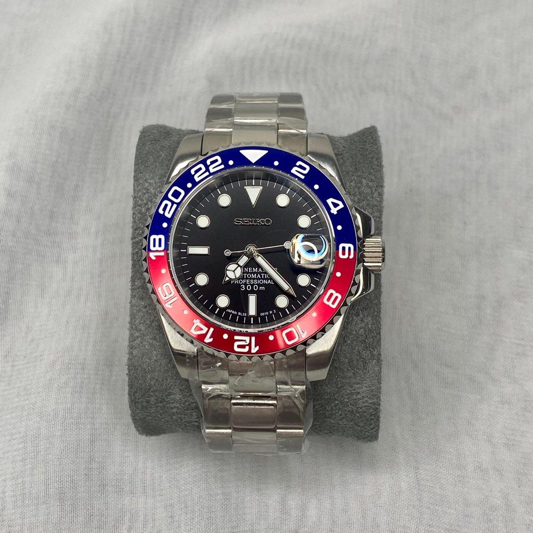 Seiko mods submariner pepsi Ceramic bezel nh35 automatic Black dial  sapphire glass oystr strap - Main Image