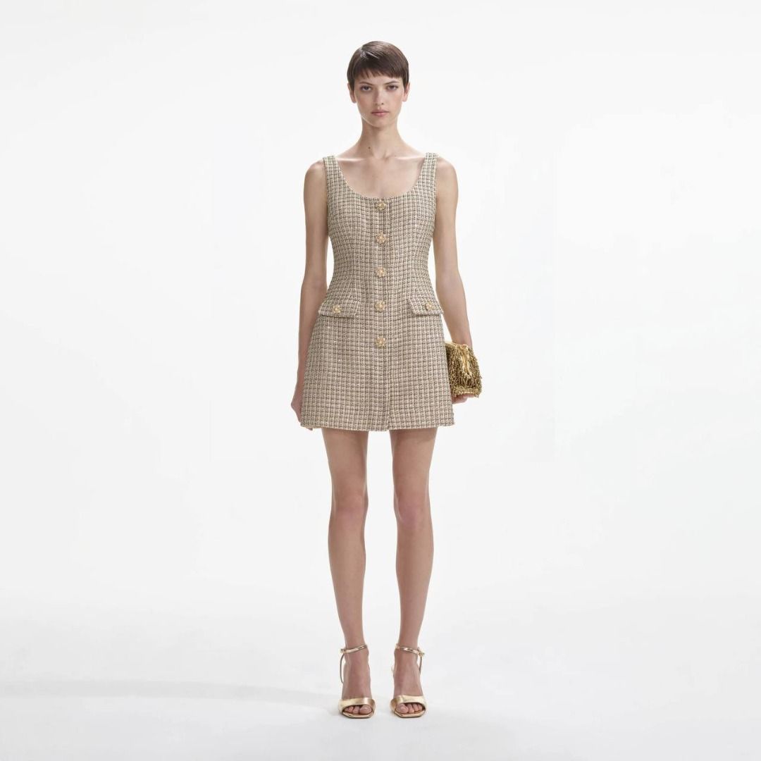 Self Portrait Gold Boucle Mini Dress, Women's Fashion, Dresses & Sets,  Dresses on Carousell