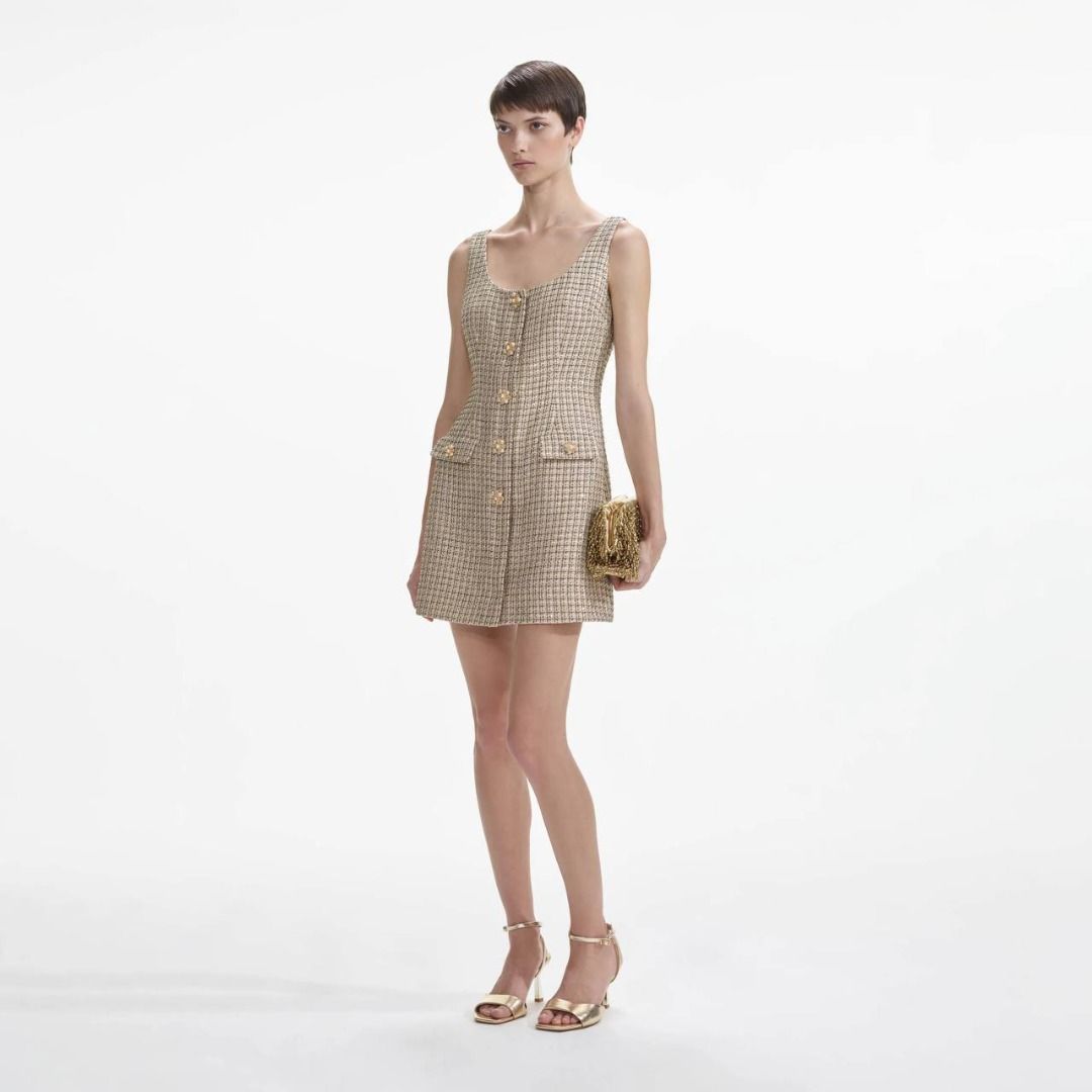 slim fit dress slacks Self-Portrait // Gold & Mulitcolour Tinsel Boucle Dress & Jacket Set – VSP  Consignment main image 1