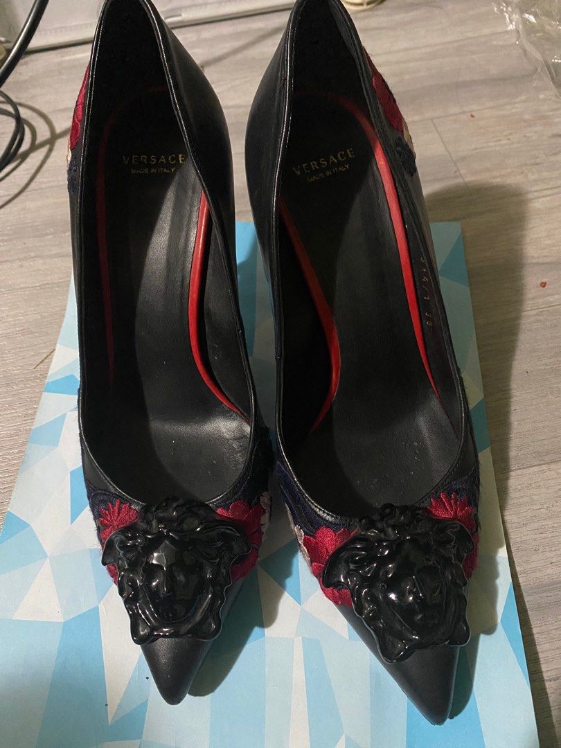 Versace heels (Category: Heels) located in Manila. Submitted by gingertabby (Listing ID 1321436526, Image 1). Description: Authentic Versace Heels Size 8 With sole protector already Signs of usage on the embroidered part Shoes only no inclusions.