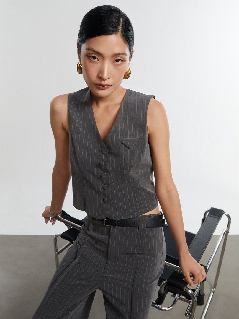 Zara Grey Striped V neck WaistCoat
