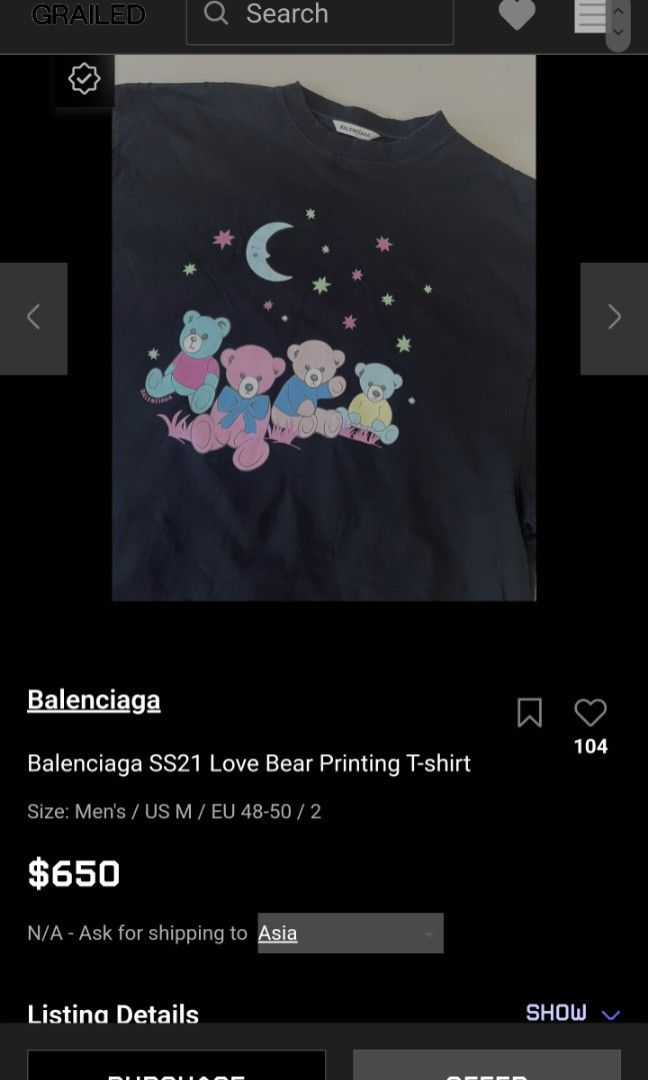 Balenciaga Love Bear (Category: Luxury Apparel) located in Kibawe. Submitted by Thrift_ni_Babac (Listing ID 1321576787, Image 1). Description: For Sale Balenciaga Oversized Love Bear Small on tag Distress Design 24Wx30L Color rate: 9.0/10 Issue: Crack Prints As seen on photos 899 plus sf only.