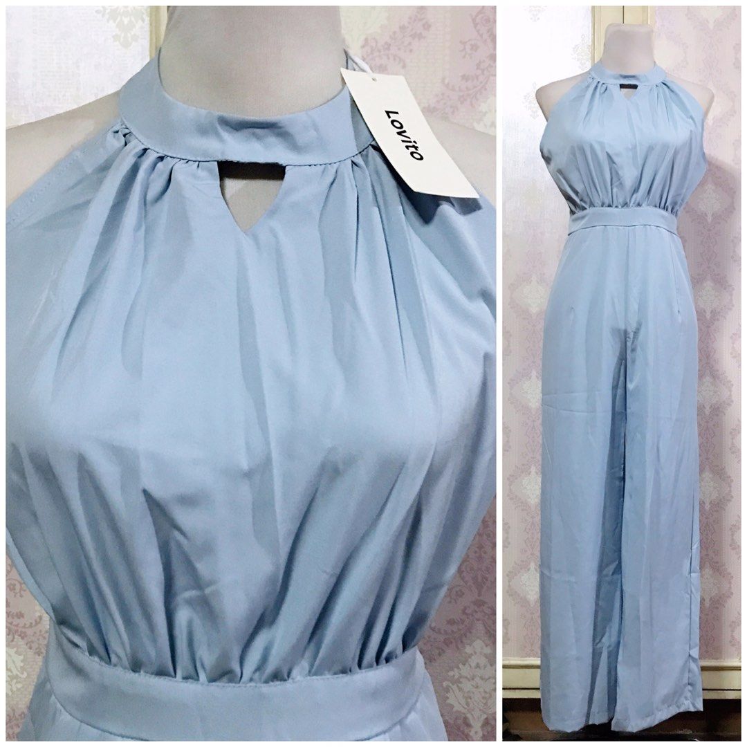 B NEW Powder Blue Halter Ruched Jumpsuit Wide Leg Pants Romper Sky Blue Baby Blue Women s Fashion Dresses Sets Jumpsuits on Carousell