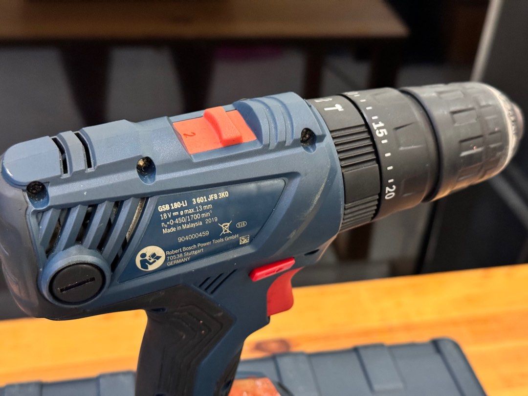 Bosch GSB 180 Cordless Impact Drill (Category: Construction Tools & Equipment) located in Talisay. Submitted by kim_rey (Listing ID 1321631036, Image 3). Description: SPECIFICATIONS: ▪️Torque (soft/hard/max.) 21/54/- Nm ▪️No-load speed (1st gear / 2nd gear) 0 – 500 / 0 – 1,900 rpm ▪️Battery voltage 18.0 V ▪️Battery capacity 2 Ah ▪️Weight incl. battery 1.7 kg ▪️Battery type Lithium-Ion ▪️Max. impact rate 27,000 bpm ▪️Chuck capacity, min./max. 1.5 