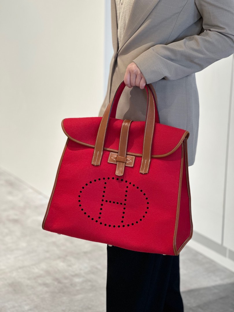 Hermes Feudou Tote Bag Red Wool/Barenia PHW, Luxury, Bags & Wallets on ...