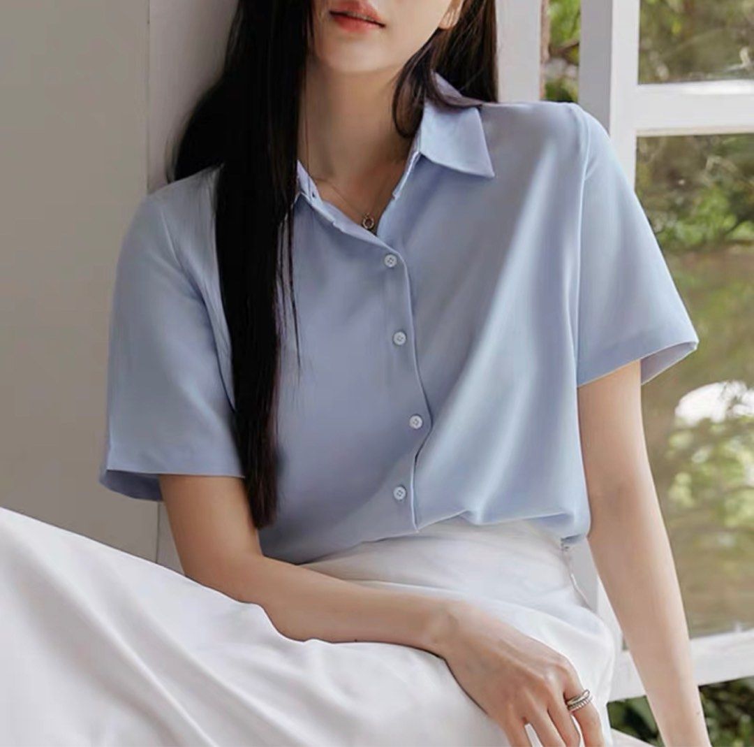 Light Blue Blouse Button Up Work Office wear Women s Fashion Tops Blouses on Carousell