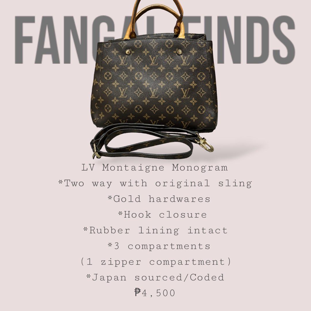 LV Montaigne Monogram (Category: Luxury Bags & Wallets) located in Mabalacat. Submitted by fangal_finds (Listing ID 1321602432, Image 1). Description: LV Montaigne Monogram Japan sourced/Coded (NGA) Gamuza inside With original sling Rubber lining intact Pattina also oxidizes Issue: Deformed handle due to shipping .
