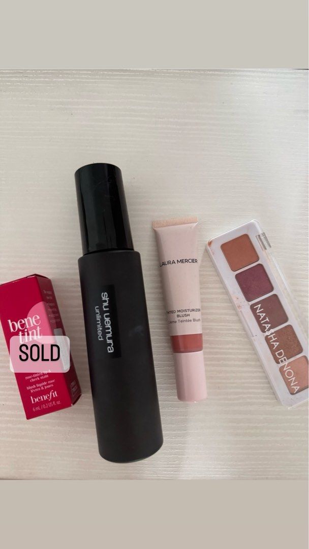 Make up items (Category: Makeup) located in Singapore. Submitted by ssthor (Listing ID 1321192513, Image 1). Description: 1. Benetint 6ml (Brand New) $10 2. Shu Uemura unlimited make up fix mist (only use for a few time) $12 3. Laura Mercier tinted moisturiser blush (almost brand new) $20 4. Natasha Dedona eye shadow (almost brand new) $15 .