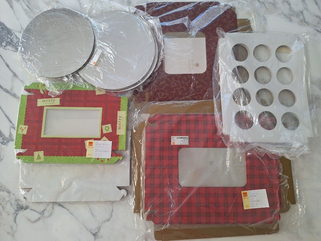 RM Cake Boxes and Cake Boards (Category: Bakeware) located in Batangas. Submitted by tins_closet88 (Listing ID 1321525478, Image 1). Description: Take all 15pcs cupcake box (by 12s) 3pcs 9" cake board 5pcs 10" cake board 2pcs 9x9x3 cake box 20pcs 6x9x11 pastry box (xmas design).