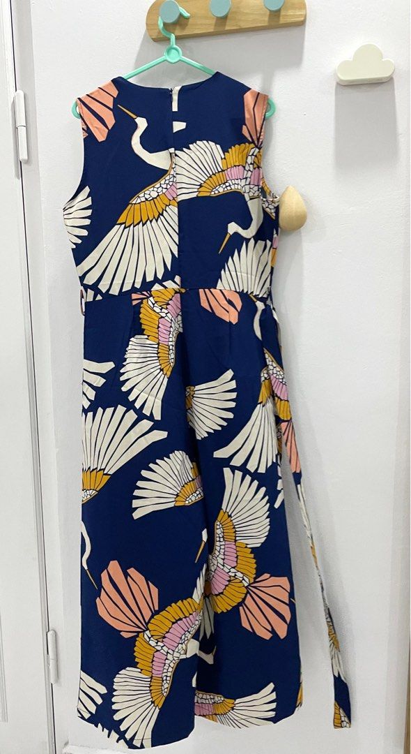 Sleeveless Jumpsuit Cranes Print Belted Wide Leg Jumpsuit Size M