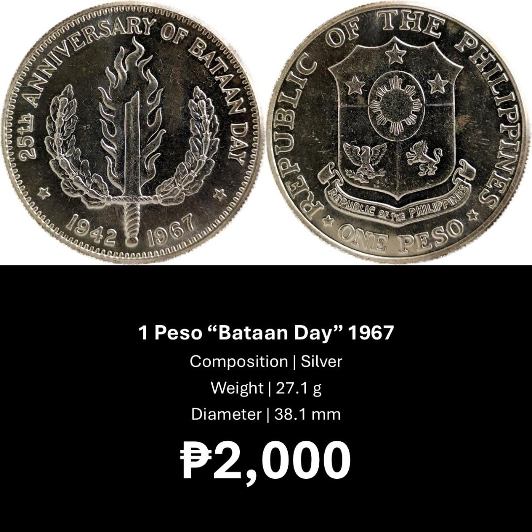 SILVER COIN | 1 Peso “Bataan Day” 1967 (Category: Currency) located in Naga. Submitted by monedas.del.mundo (Listing ID 1321724662, Image 1). Description: Composition | Silver Weight | 27.1 g Diameter | 38.1 mm ₱2,000 .