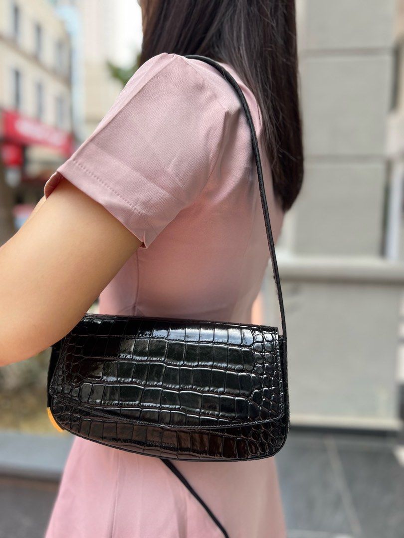 BALENCIAGA Black Crocodile Embossed Leather Ghost Sling Bag