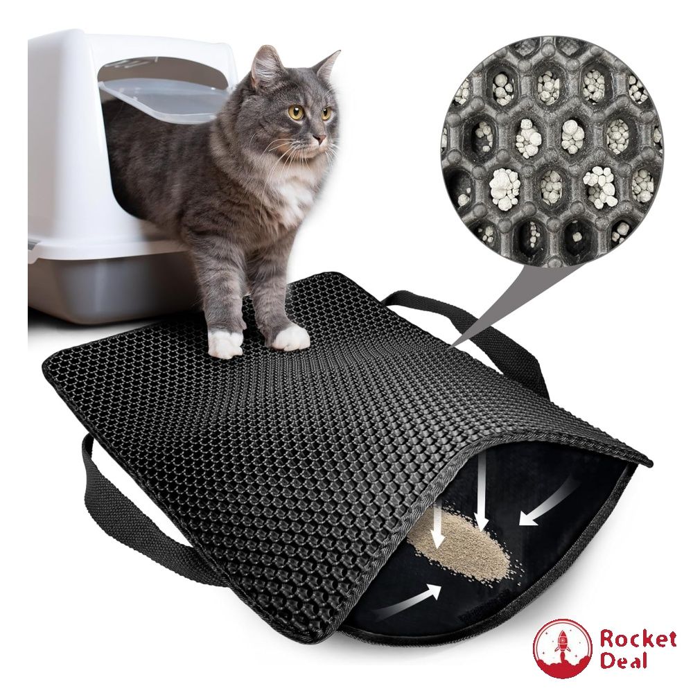Cat Litter Mat 23x15 Inch Honeycomb Double Layer Non Slip Kitty Litter Box Mat Waterproof and Urine Proof Cat Mat for Litter Catcher Litter Box Mat Scatter Control Black Pet Supplies Homes