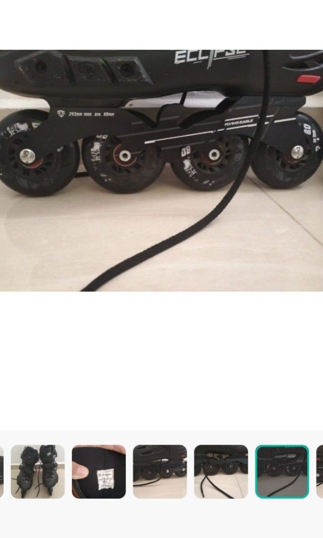 Flying Eagle Eclipse Professional Rollerblade (Category: Skates, Rollerblades & Scooters) located in Singapore. Submitted by oem_colossi (Listing ID 1321789999, Image 3). Description: Size EU: 44 Letting go because quitting hobby Took care of this rollerblade and has a few damages but overall good condition. Can nego but don't lowball.