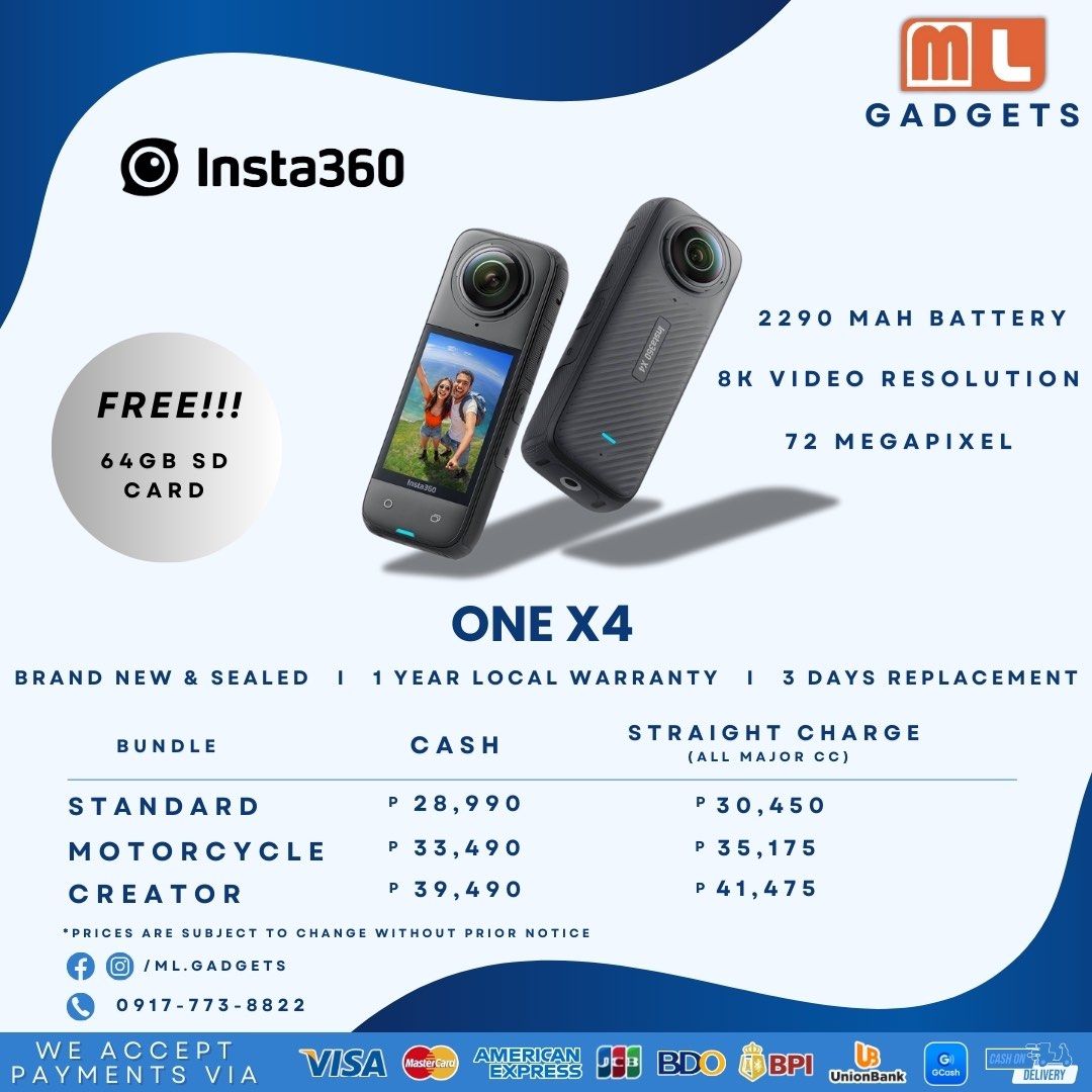 Insta360 X4 (Category: Video Cameras) located in Makati City. Submitted by ml.gadgets (Listing ID 1321672532, Image 1). Description: INSTA360 ONE X4 - Brand New and Sealed - 3 days shop replacement warranty - 1 year local warranty ✅ C.O.D. | C.O.P. ✅ Credit Card (Straight | Installment) (Straight - any major credit card) (Installment - BDO issued credit card ONLY) ✅ Online | Bank Transfer ❌Layaway ❌Cash installment.