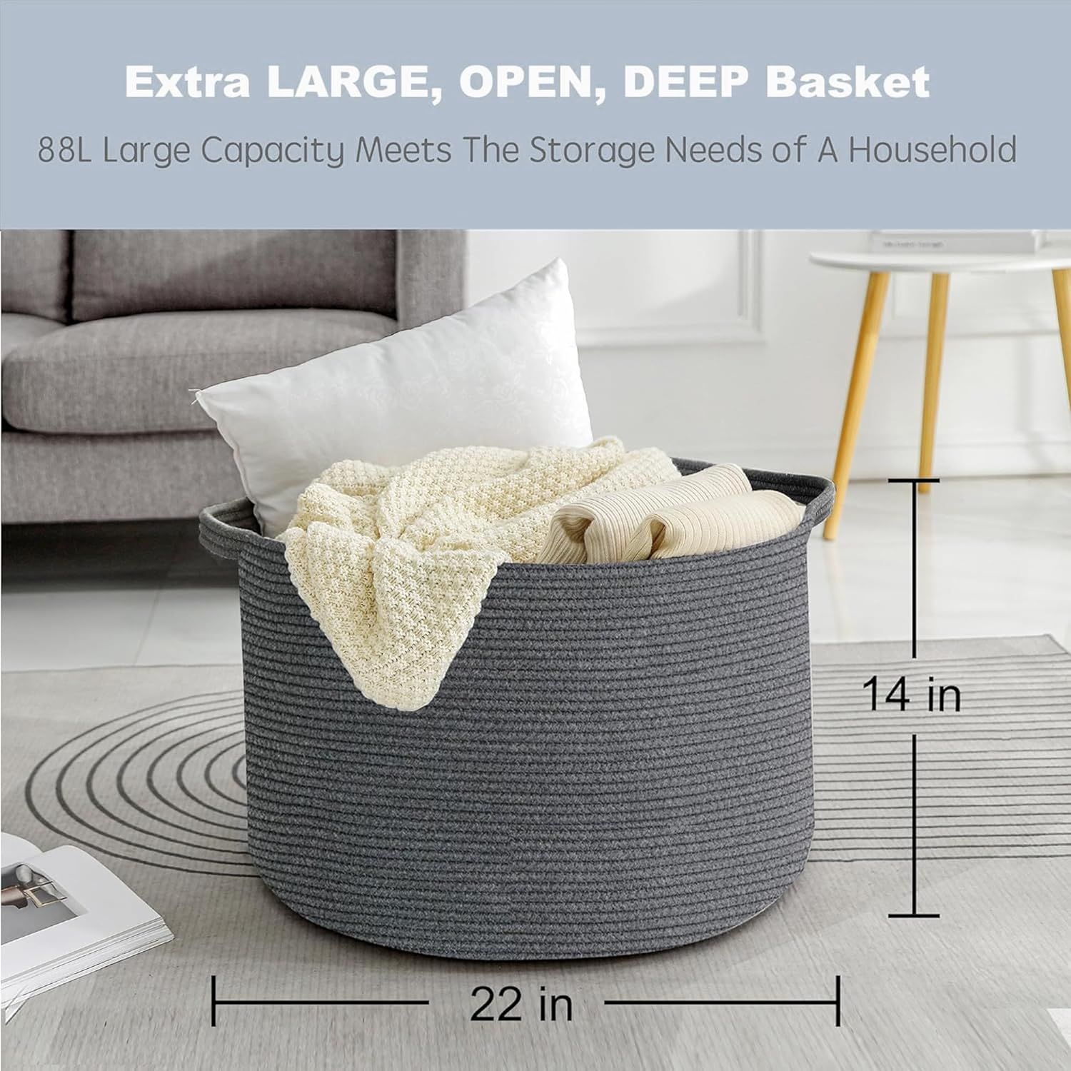 MEGASKET Large Dark Grey Storage Basket Woven Cotton Rope Baskets for Storage Big Blanket Organizer Storage Basket for Living Room Kids Room Toy Storage Organizer Box Blanket Keeper 22 x14 Dark Grey B...